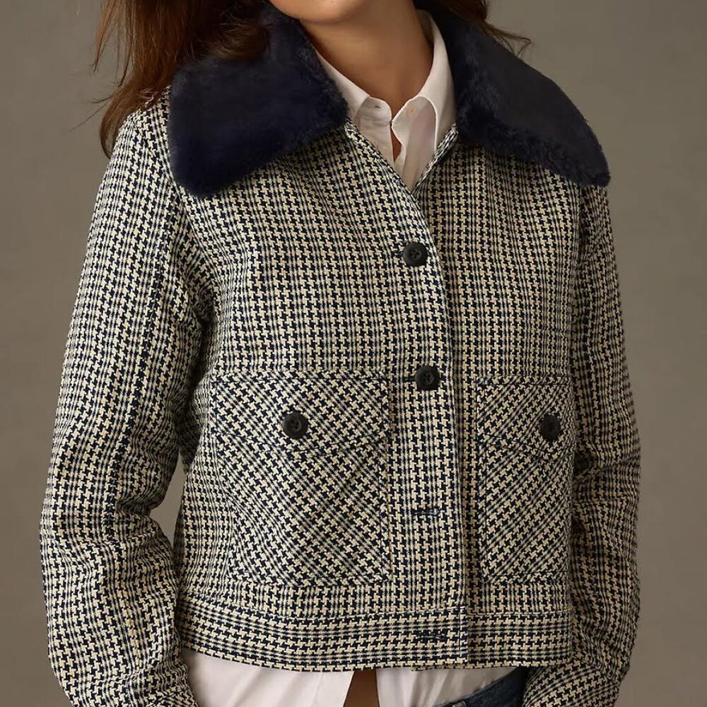 ANTHROPOLOGIE MAEVE tweed faux fur-collar jacket Sz M NEW - Picture 2 of 11
